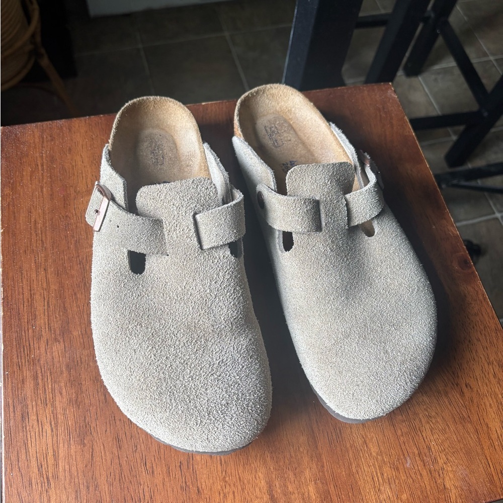 Beige Suede Slip-On Clogs
